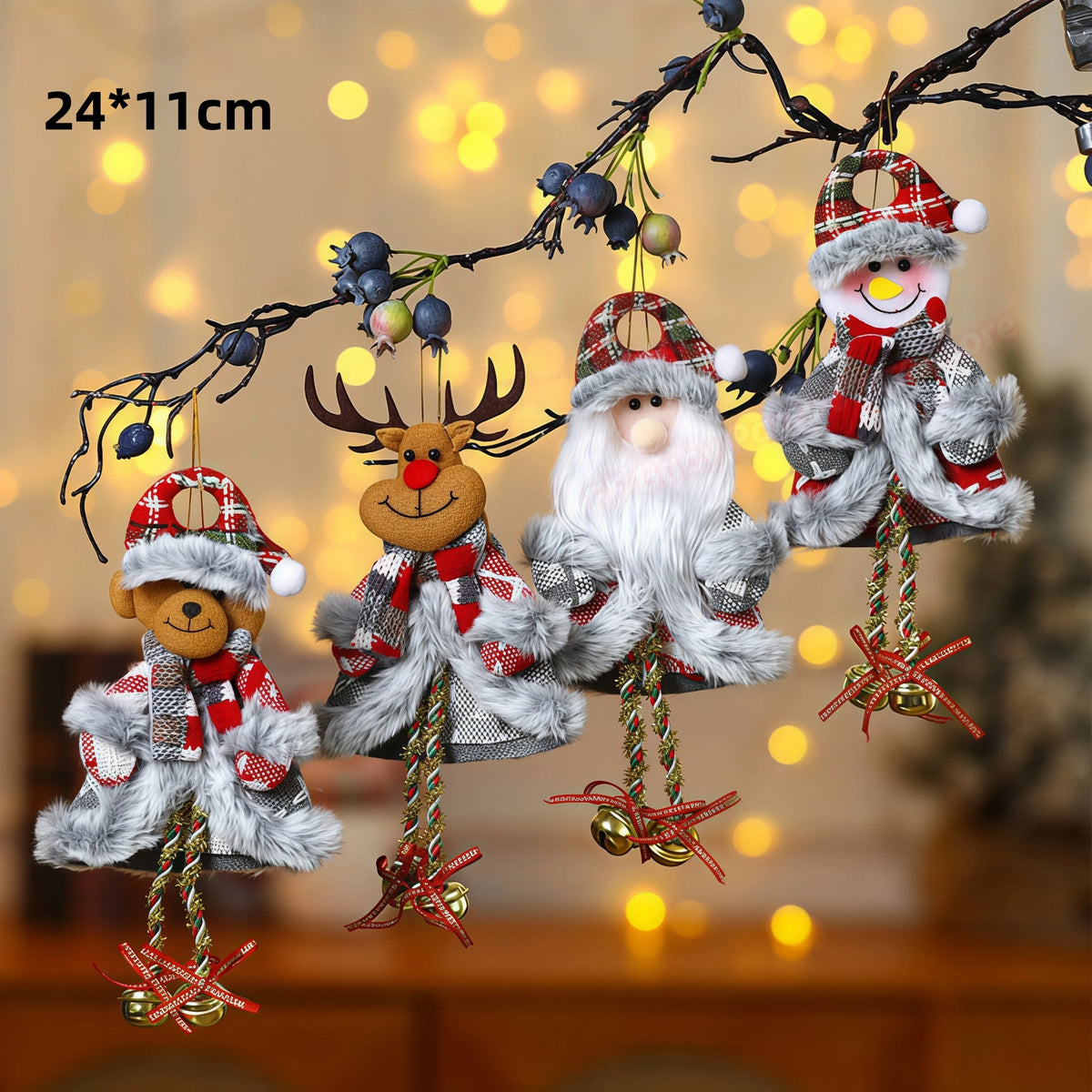Kits Enfeites Natal Pelúcia Papai Noel e Neve Rena e Urso com Roupinha Verde e Vermelho