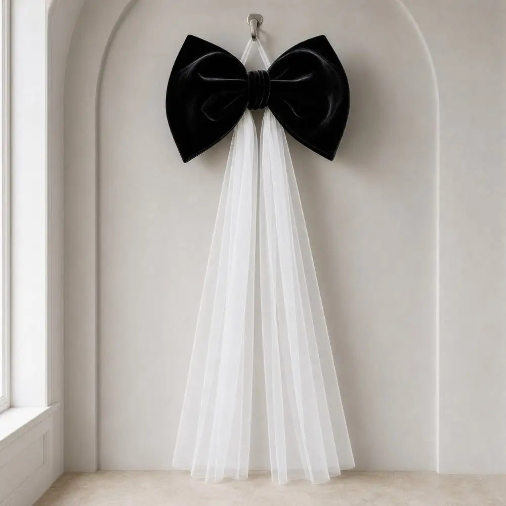 Laço de Veludo com Cauda Longa em Tule/Organza, Ornamento para Árvore de Natal e Shopping