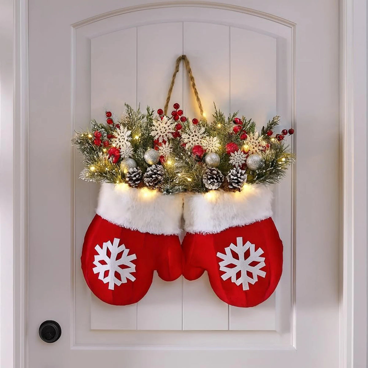 Guirlanda de porta de Natal, guirlanda artificial para porta frontal com luzes de LED
