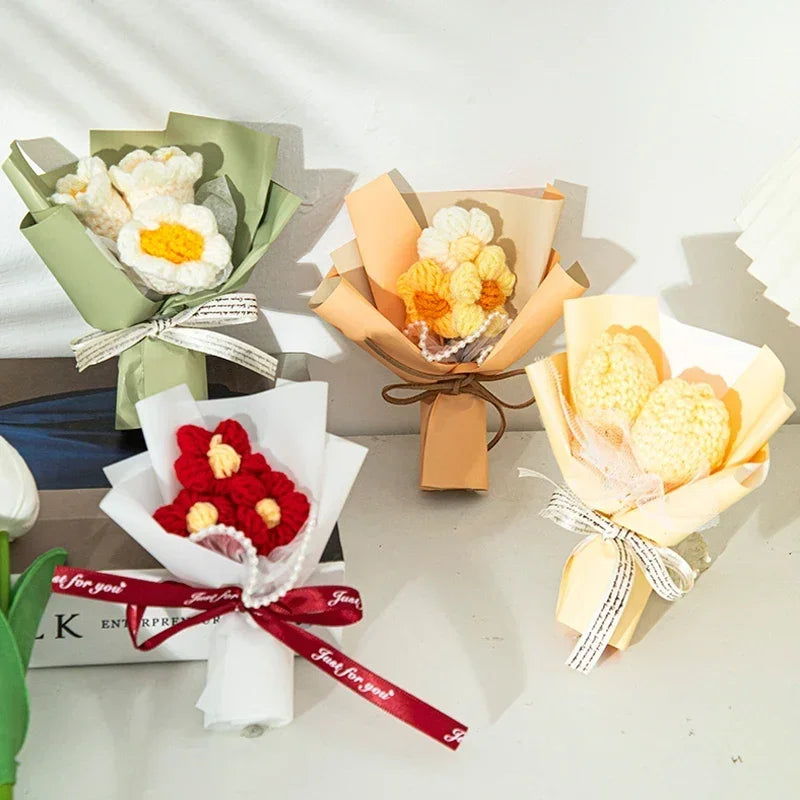 Flores buquê de flores de crochê, buquê de crochê feito à mão com margaridas e girassol