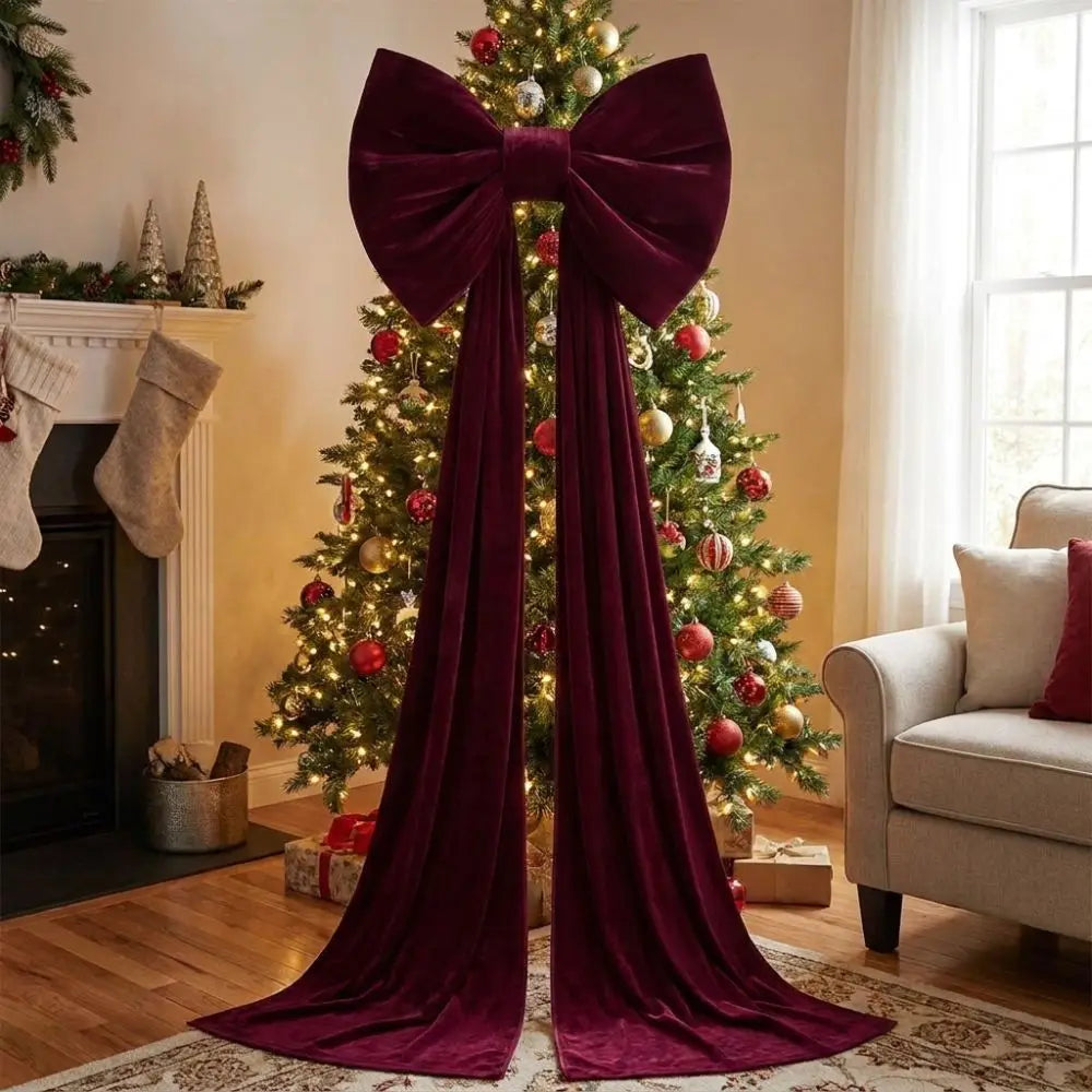 Laço de Natal Gigante em Veludo Cor-de-Rosa com Serpentinas Longas e Shopping Laço Decorativo
