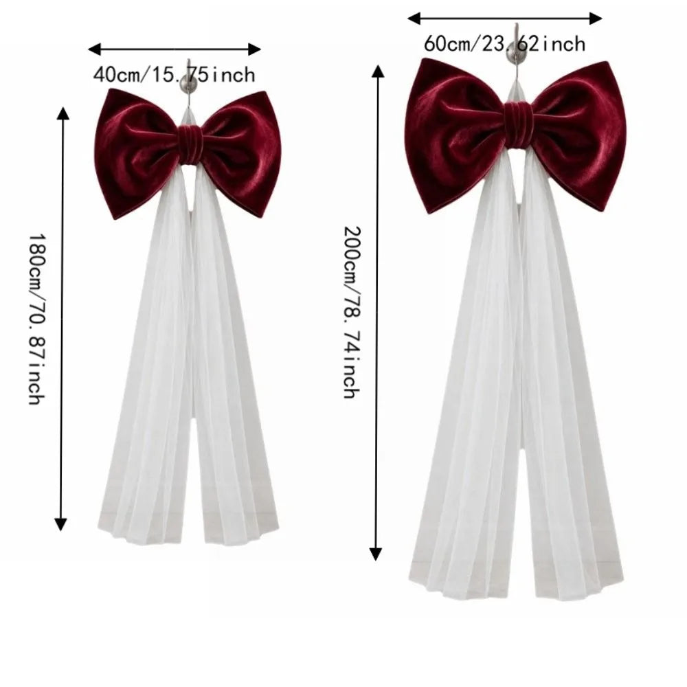 Laço de Veludo com Cauda Longa em Tule/Organza, Ornamento para Árvore de Natal e Shopping