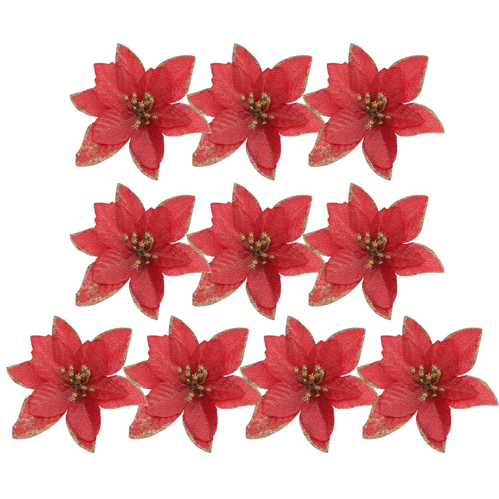 Flores Natal Glitter Artificial 10/100 peças de Enfeite de Árvore de Natal de Poinsétia Glitter