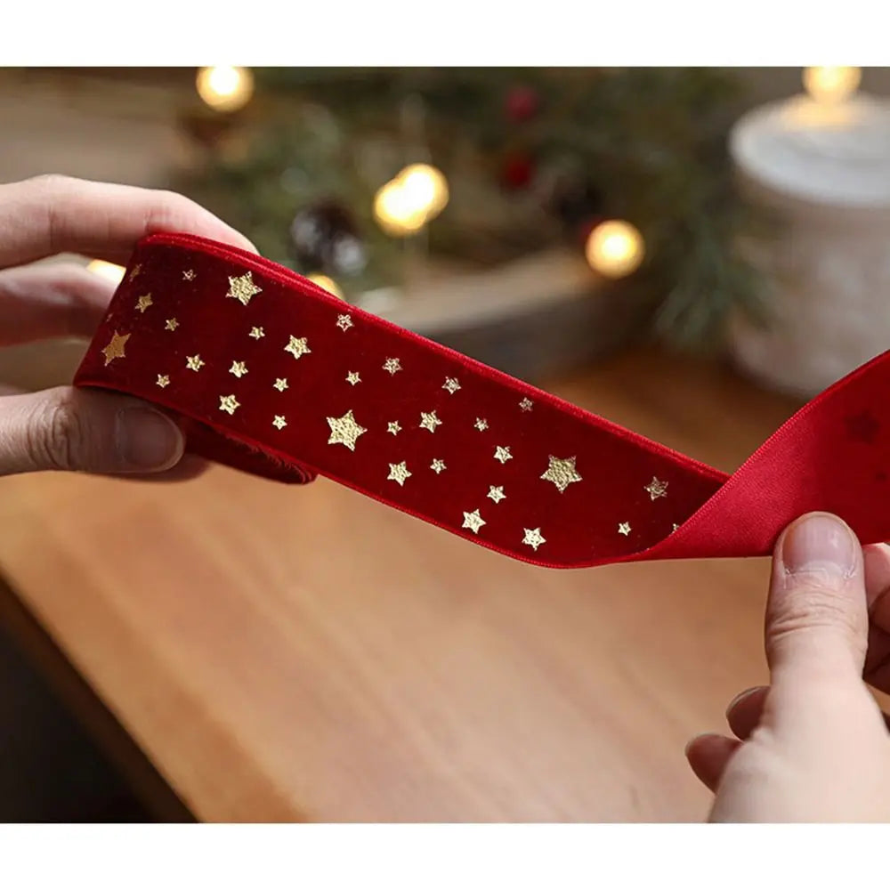 Fita de Natal de Veludo com Estampa de Estrela de Cetim e Seda de 2.5cm*5 Metros
