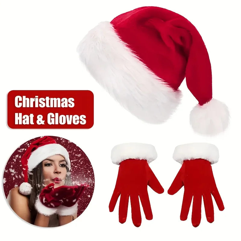 Kit Acessórios de Natal Gorro e Luvas, Conjunto de Fantasia de Papai Noel (2 Peças)