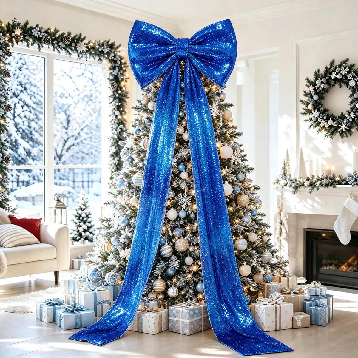 Laço Decorativo Shopping Gigante de Cor Rosa com Fitas Longas Penduradas no Topo de uma Árvore de Natal