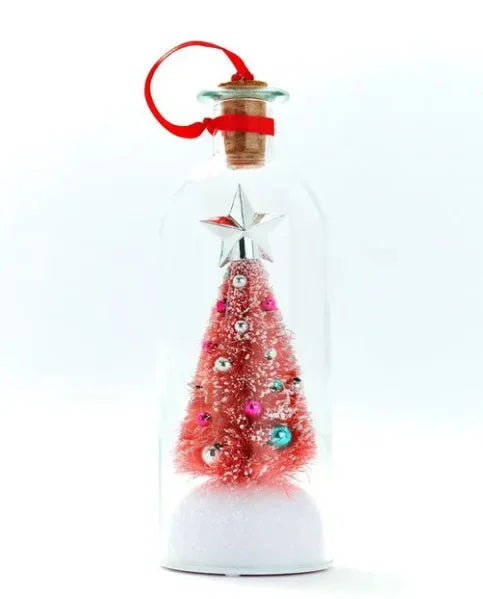 Enfeites de Natal Luminosos em Formato de Garrafa de Vidro com Miniaturas de Árvore de Natal e Papai Noel