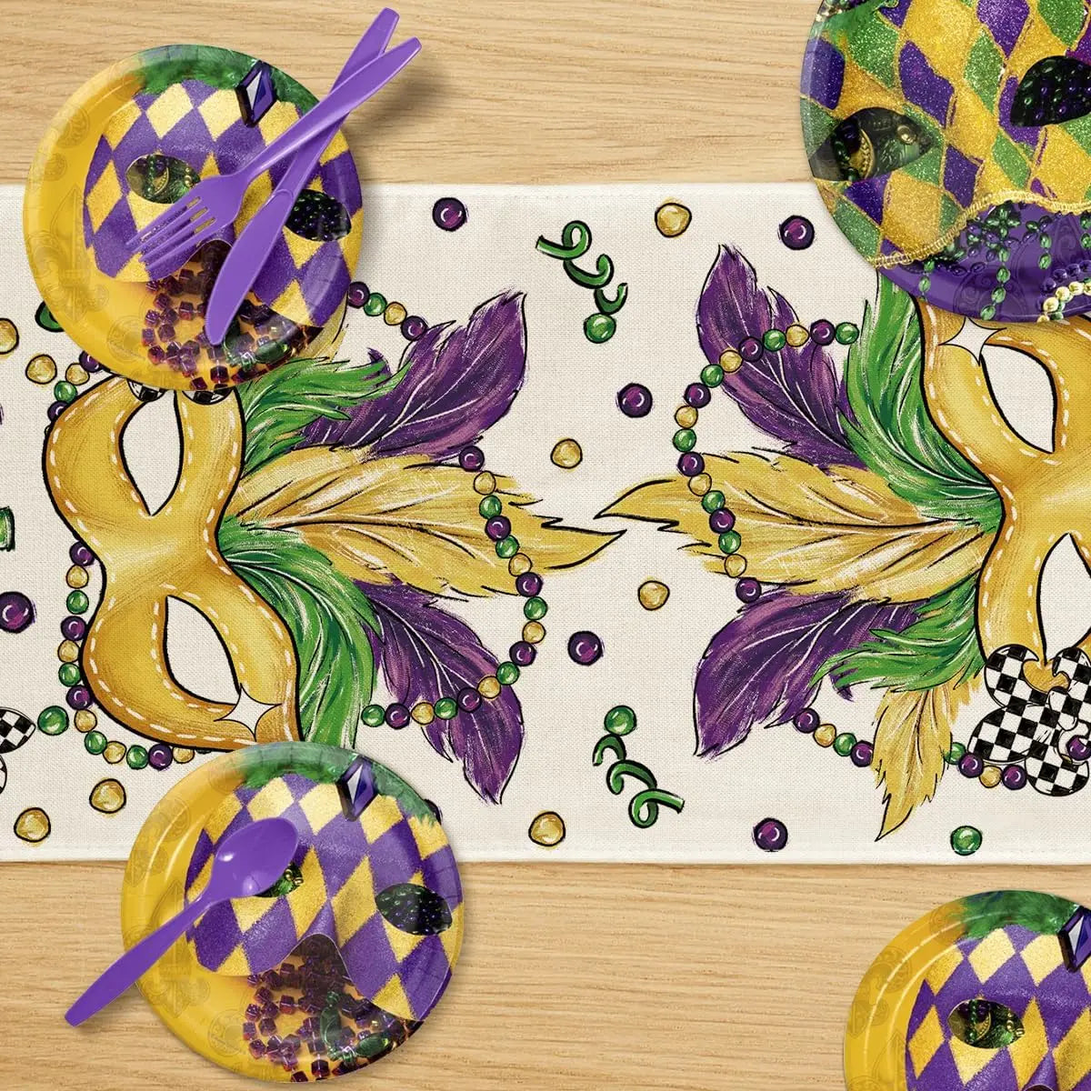 Toalha de Mesa Caminho de Mesa (Caminho de Mesa) com Estampa Temática de Carnaval / Cores Roxo, Verde