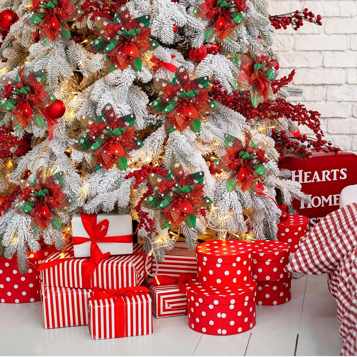 Flores de Natal Poinsétia Artificiais com Estampa Xadrez 6/10 peças Tamanho: 14cm*5.51 Pol.