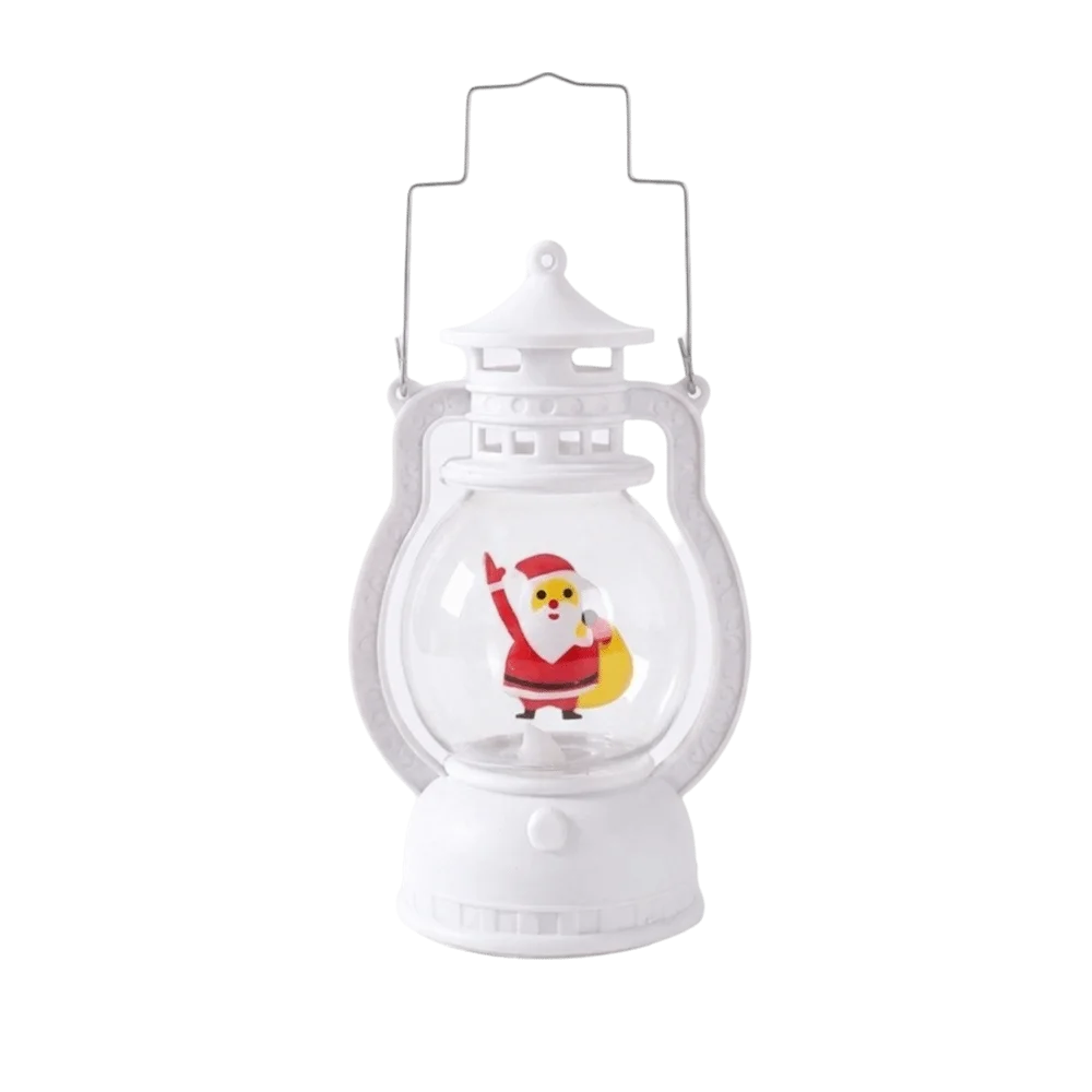 Lanterna Decorativa de Natal Vermelha Estilo Lamparina, com a Figura do Papai Noel no Interior e Iluminação LED