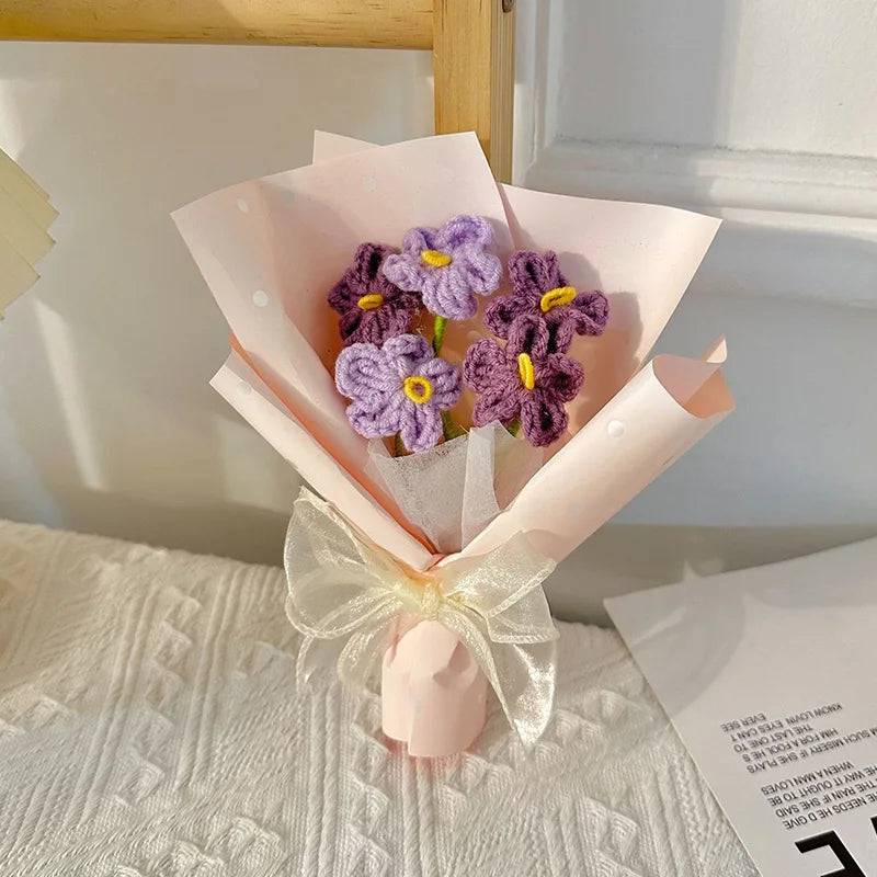 Flores buquê de flores de crochê, buquê de crochê feito à mão com margaridas e girassol