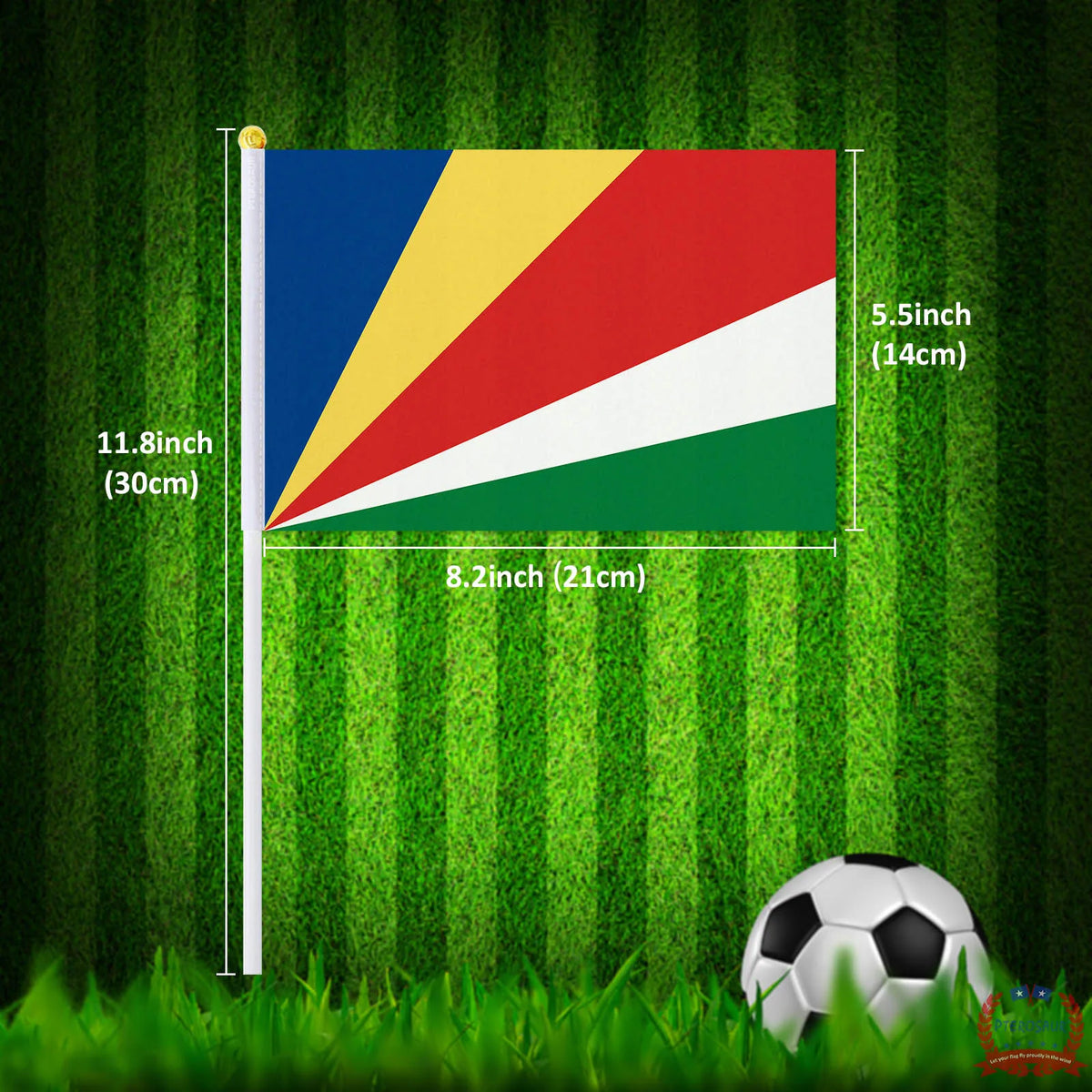 Bandeira de Seicheles (Seychelles), Exibida com Suas Dimensões de 21 cm de Largura por 14 cm de Altura