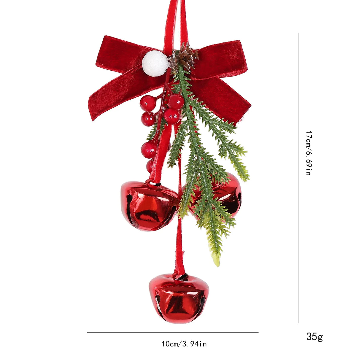 Sino de Natal com Bagas e Pinha, Enfeite Natalino de Pendurar com Laços e Bolas/Sinos