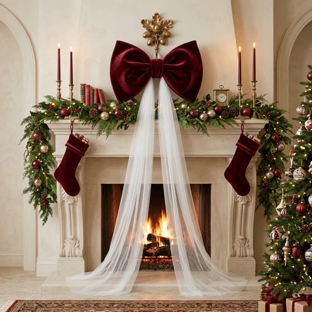 Laço de Veludo com Cauda Longa em Tule/Organza, Ornamento para Árvore de Natal e Shopping