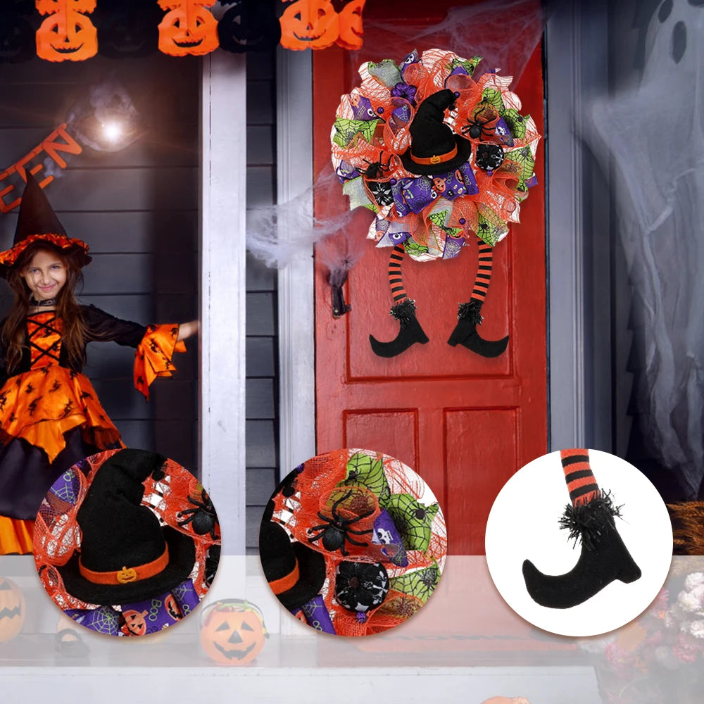 Guirlanda de Halloween de Bruxa Feliz Decoração de Porta de Abóbora com Pernas