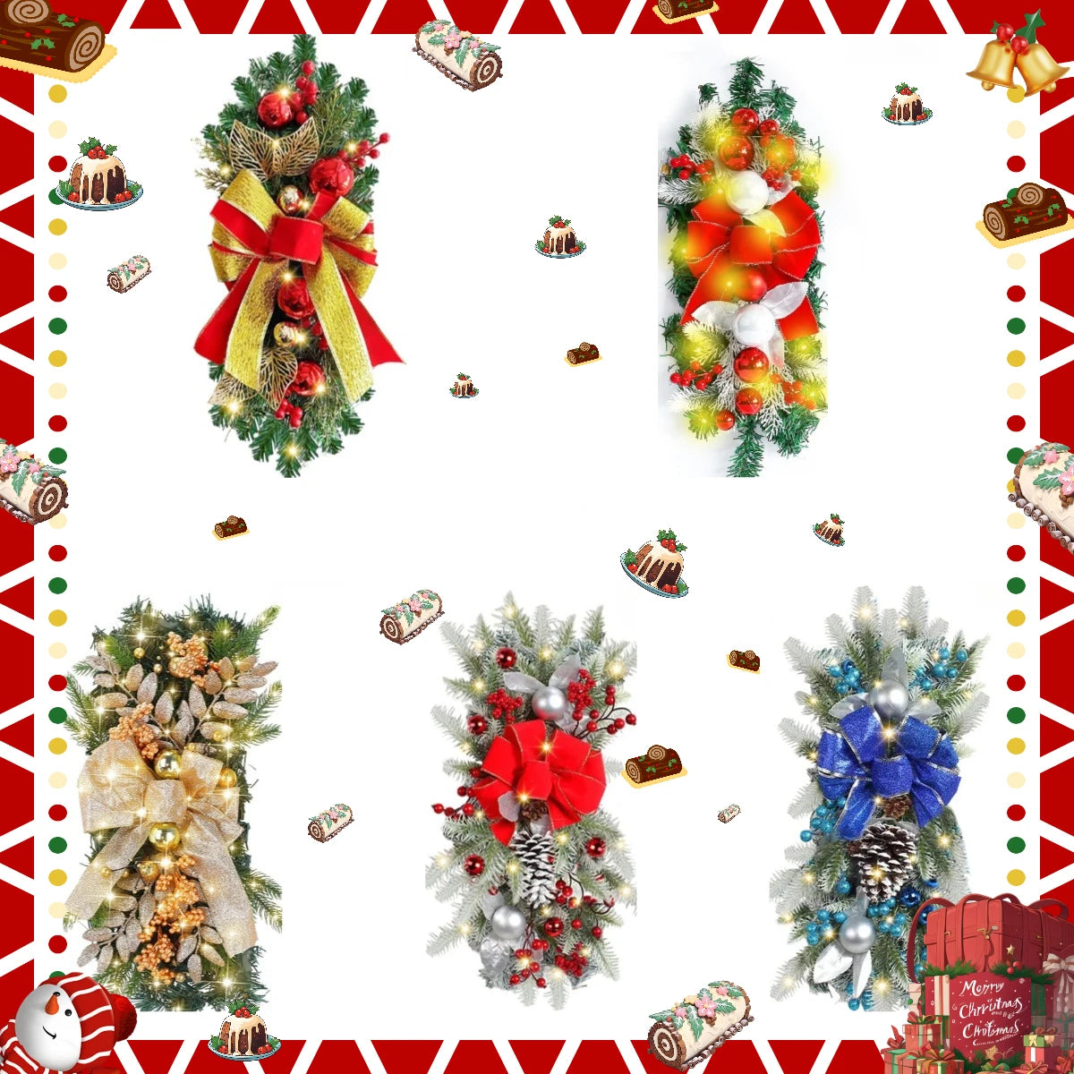 Guirlanda natalina com neve artificial Decoração de Natal Guirlanda Natal Porta Rattan