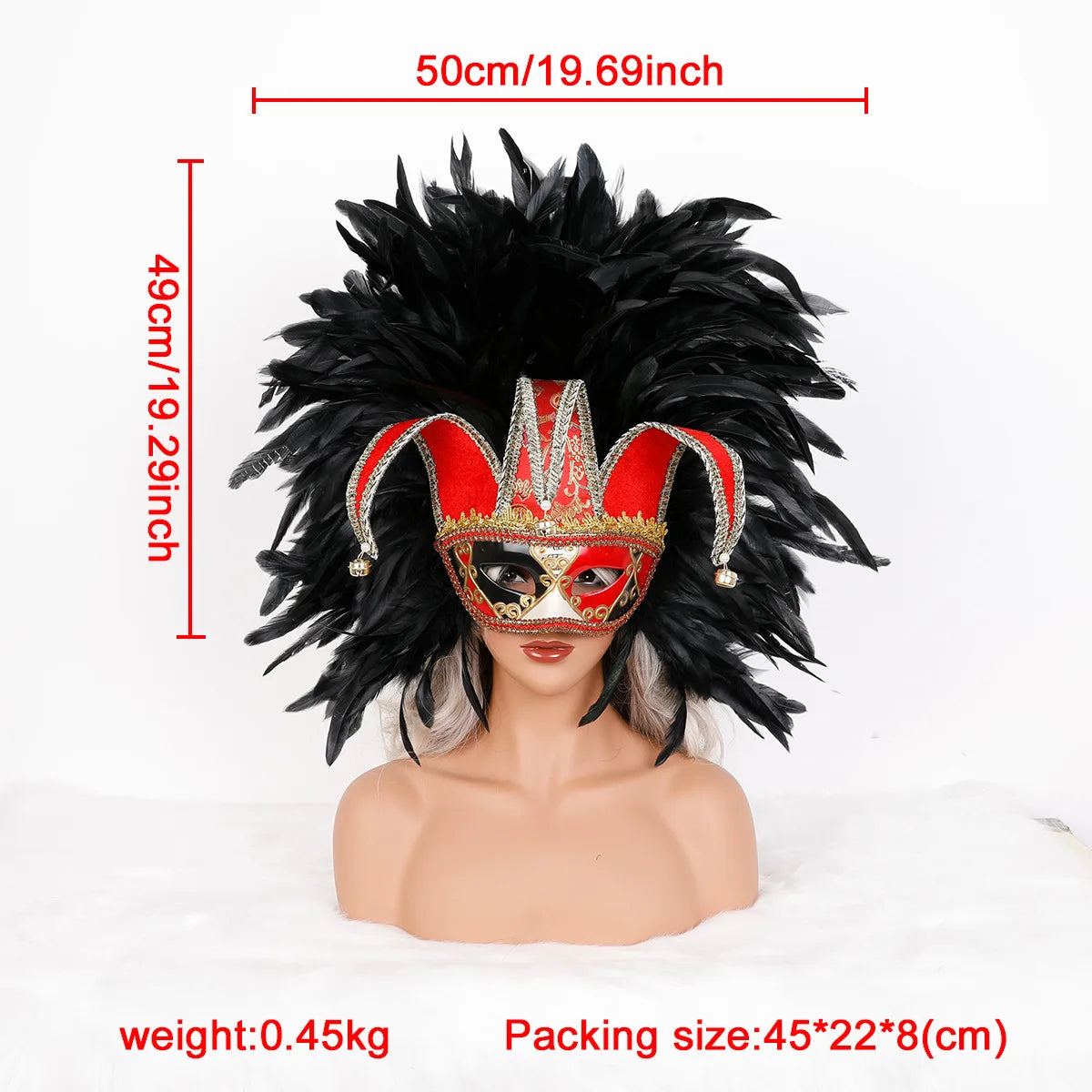 Máscara Veneziana Arlequim com Penacho de Plumas Pretas (Máscara de Bobo da Corte / Carnaval Veneziano)