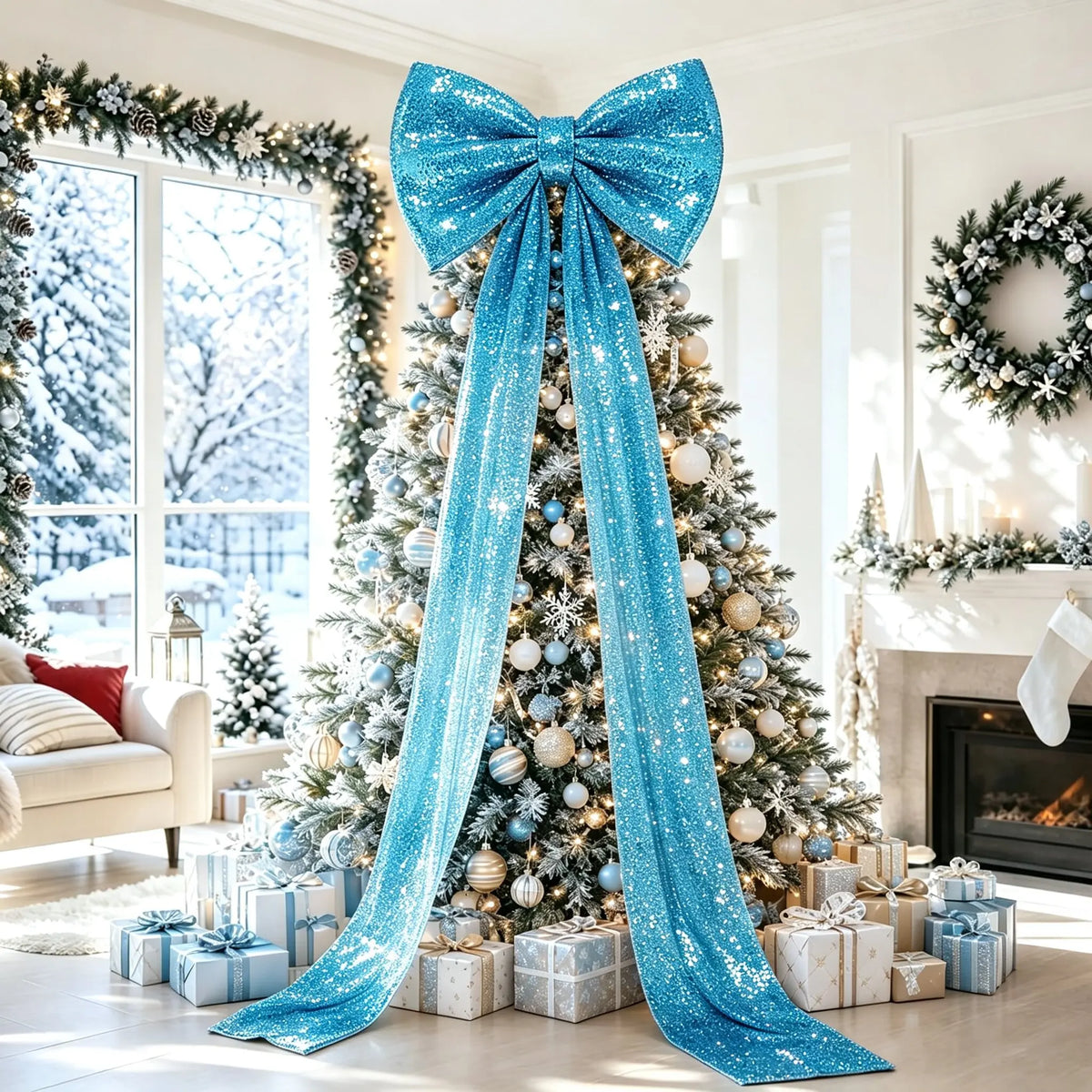 Laço Decorativo Shopping Gigante de Cor Rosa com Fitas Longas Penduradas no Topo de uma Árvore de Natal