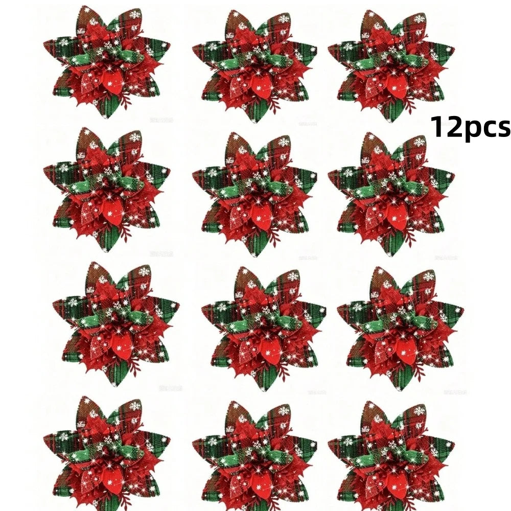 Flores de Natal Poinsétia Artificiais com Estampa Xadrez 6/10 peças Tamanho: 14cm*5.51 Pol.
