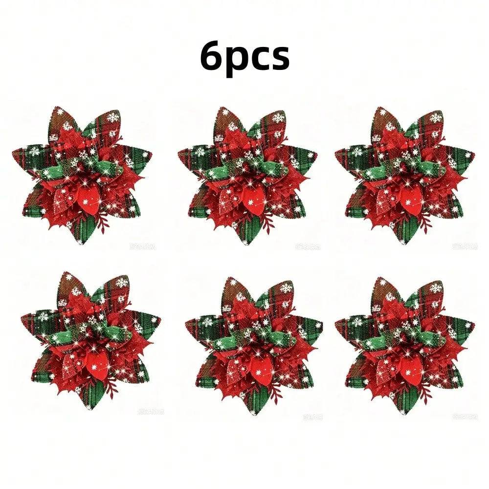 Flores de Natal Poinsétia Artificiais com Estampa Xadrez 6/10 peças Tamanho: 14cm*5.51 Pol.