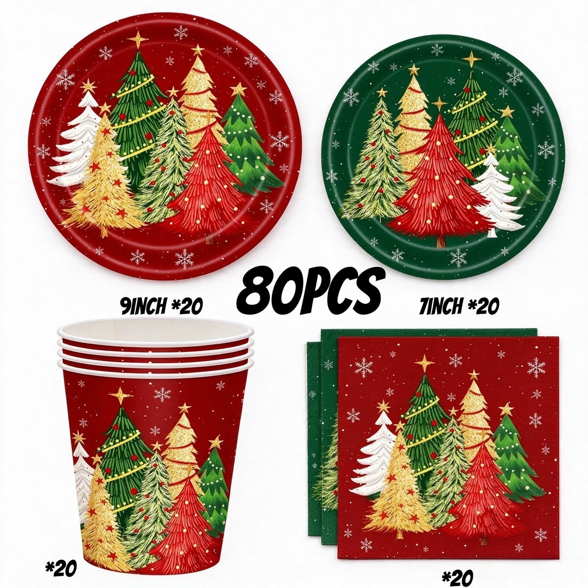 Kits Festa Natal Conjunto de 80 peças Pratos de Papel Descartáveis Tudo Real Estampa de Pinheiros Vermelhos