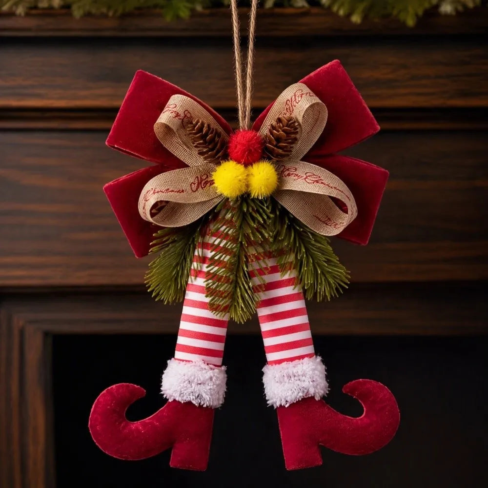 Enfeite Natalino de Pernas de Elfo com Laço e Pinha, Ideal para Pendurar em Árvores de Natal, Portas, Janelas