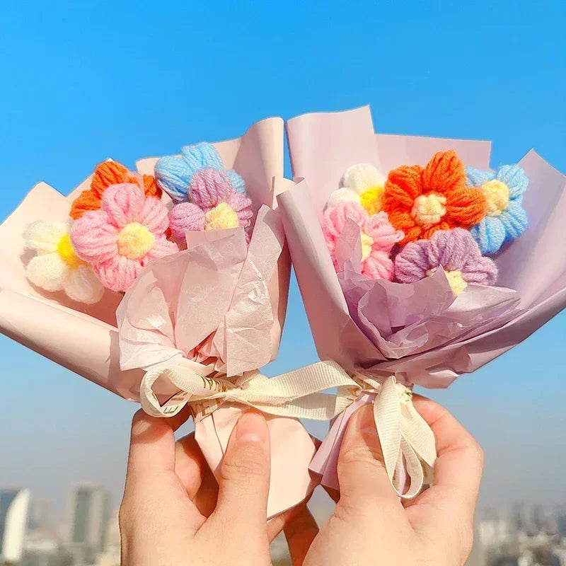 Flores buquê de flores de crochê, buquê de crochê feito à mão com margaridas e girassol