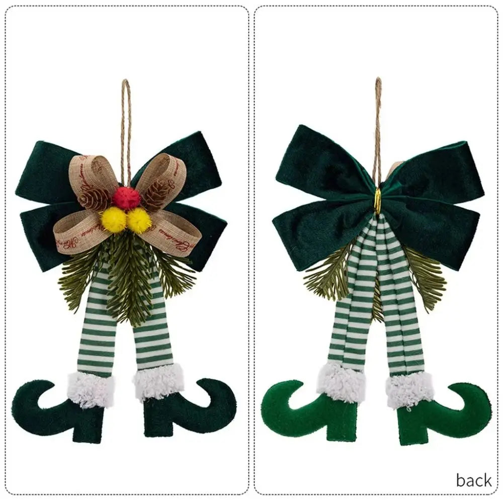 Enfeite Natalino de Pernas de Elfo com Laço e Pinha, Ideal para Pendurar em Árvores de Natal, Portas, Janelas
