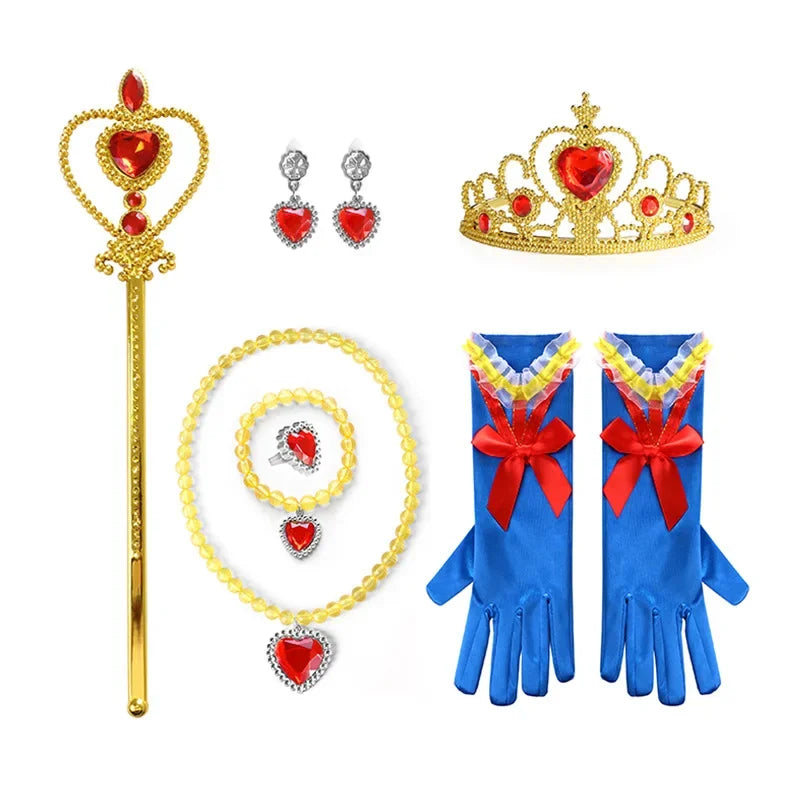 Fantasia de Princesa Festas Carnaval Halloween Kit Coroa Varinha Mágica Tiara