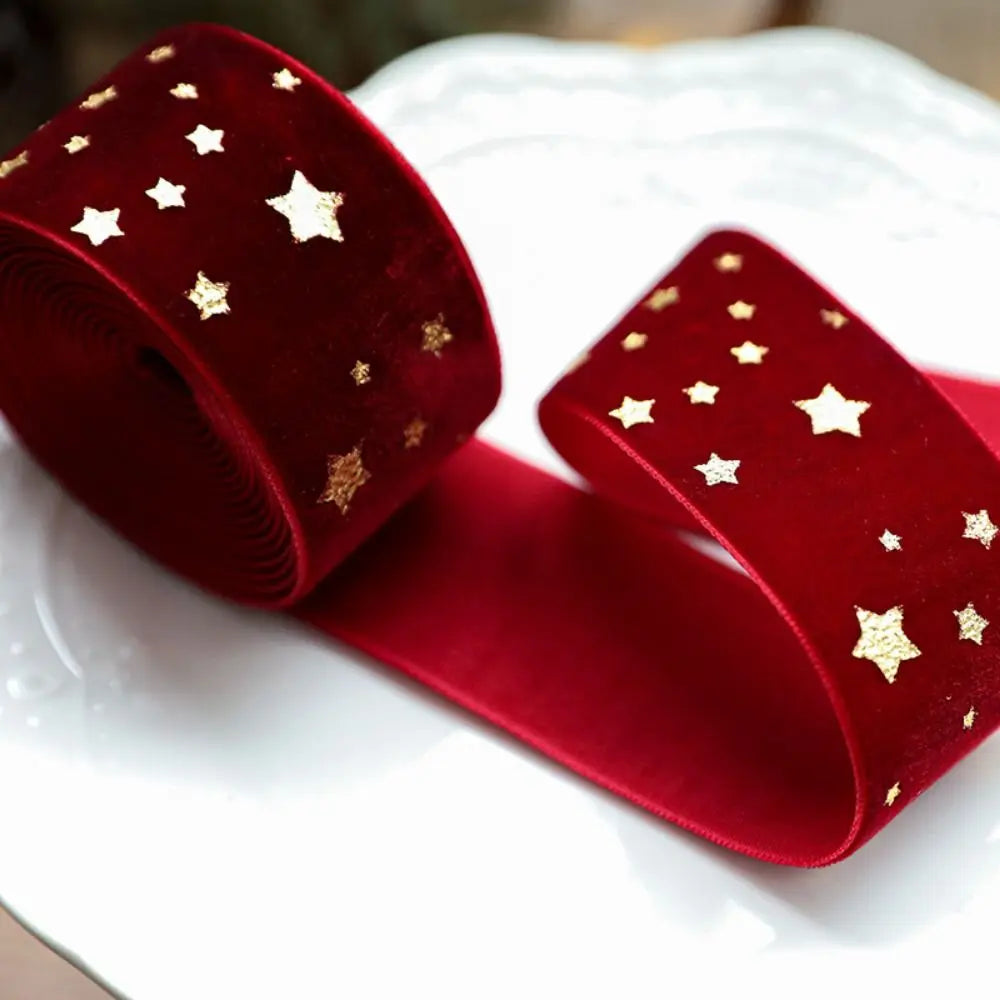 Fita de Natal de Veludo com Estampa de Estrela de Cetim e Seda de 2.5cm*5 Metros