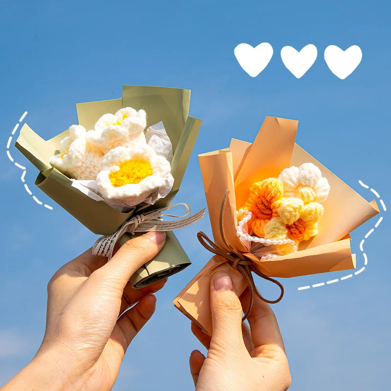 Flores buquê de flores de crochê, buquê de crochê feito à mão com margaridas e girassol