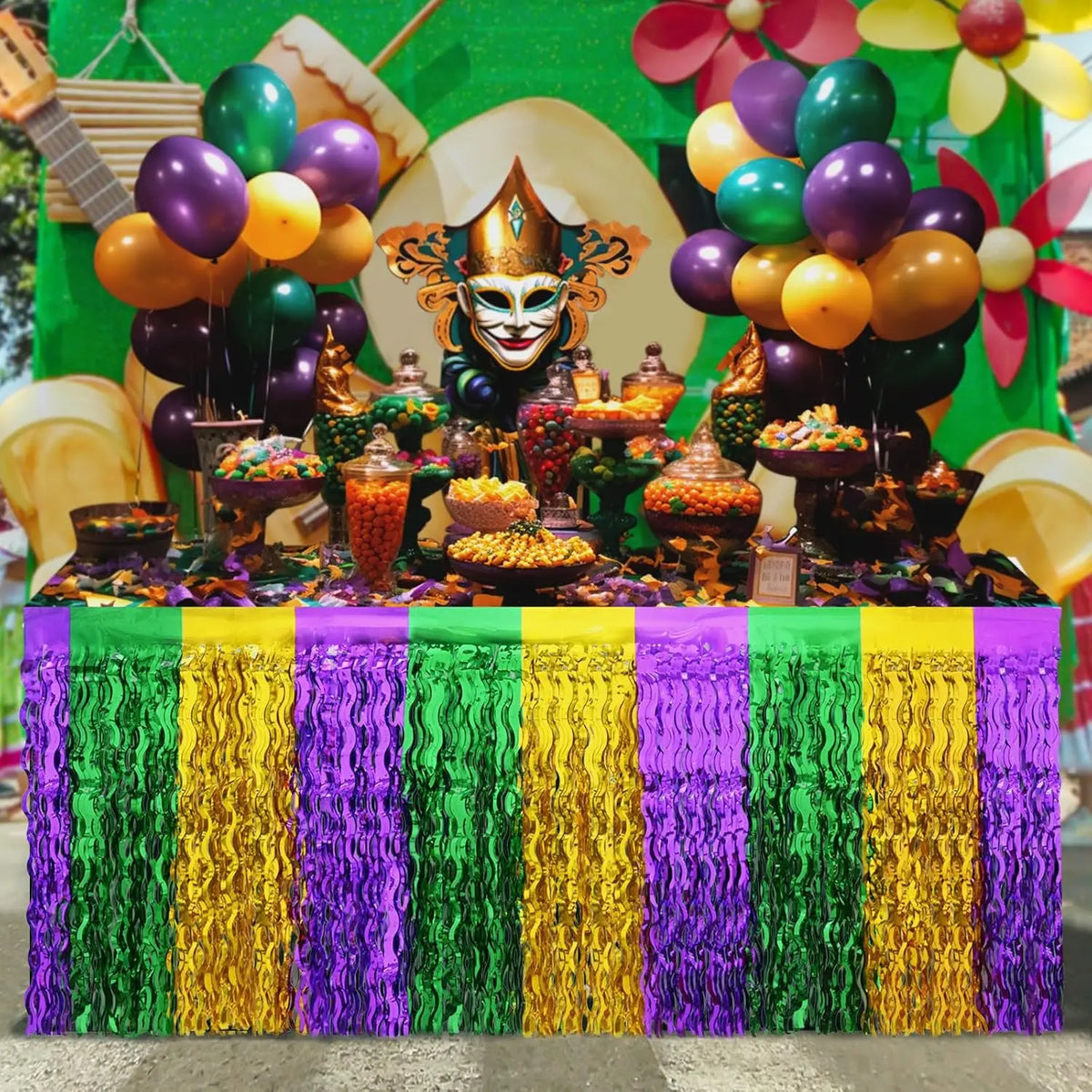kit Carnaval Pacote com 1 saias de mesa com franjas metálicas Carnaval de 29,5 x 182 cm
