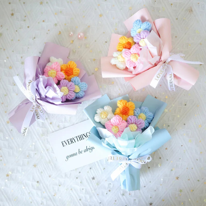 Flores buquê de flores de crochê, buquê de crochê feito à mão com margaridas e girassol