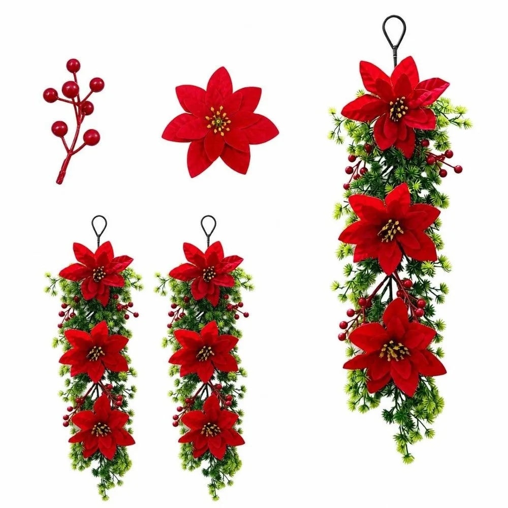 Enfeite é um Arranjo Pendente de Natal Artificial, Flores de Poinsétia Vermelho e Folhagem Pinheiro