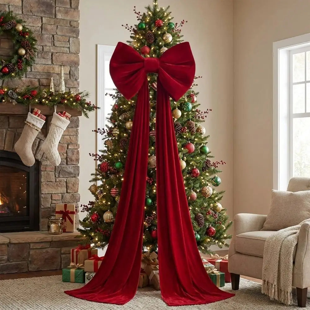 Laço de Natal Gigante em Veludo Cor-de-Rosa com Serpentinas Longas e Shopping Laço Decorativo