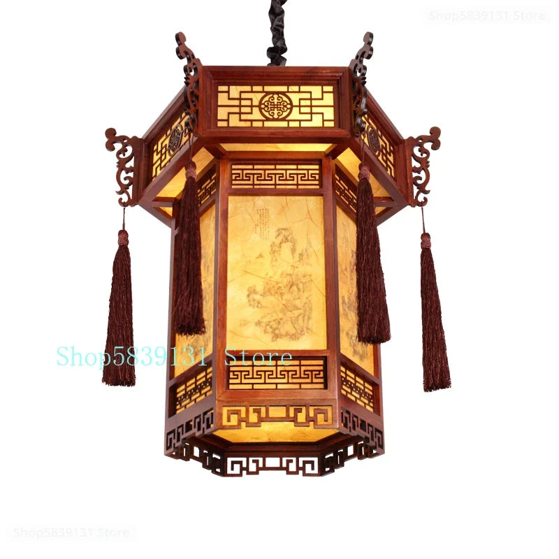 Luminária pendente de lanterna de madeira vermelha estilo chinês, abajur retrô