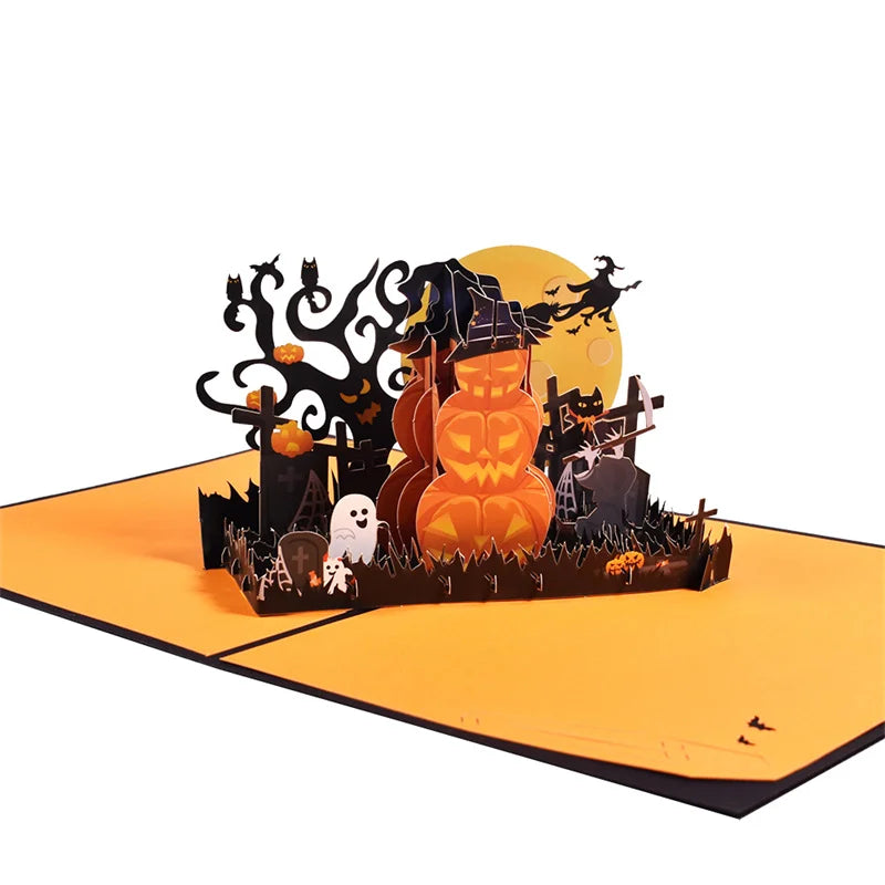 Cartões de Halloween com Arte, Abóboras e Castelo, Cartões de Natal Pop-Up, Cartões