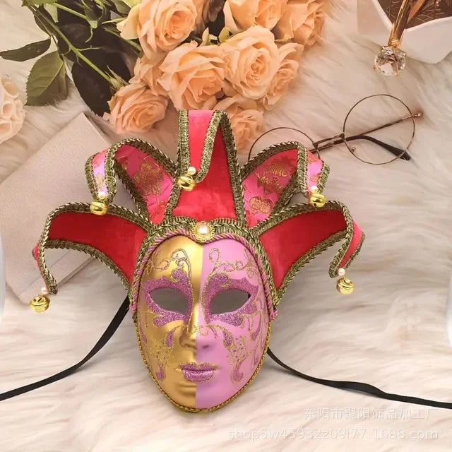 Máscara Veneziana de Bobo da Corte (Piada Divertida / Bobo da Corte) em Vermelho e Dourado