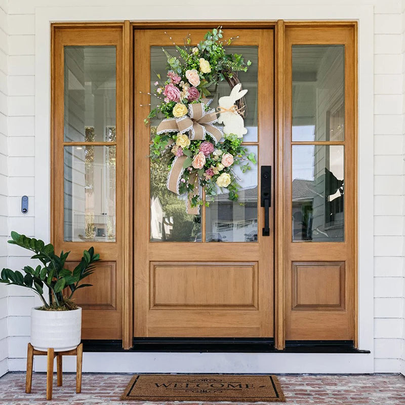 Guirlanda de coelho de Páscoa com flores artificiais de laço, guirlanda floral para decoração