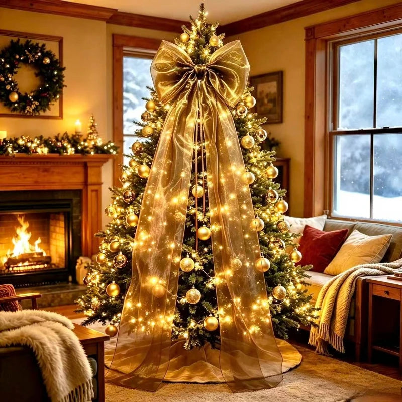 Laço Decorativo Gigante Dourado para Árvore de Natal com Fitas Longas Ouro/Dourado (Serpentinas)