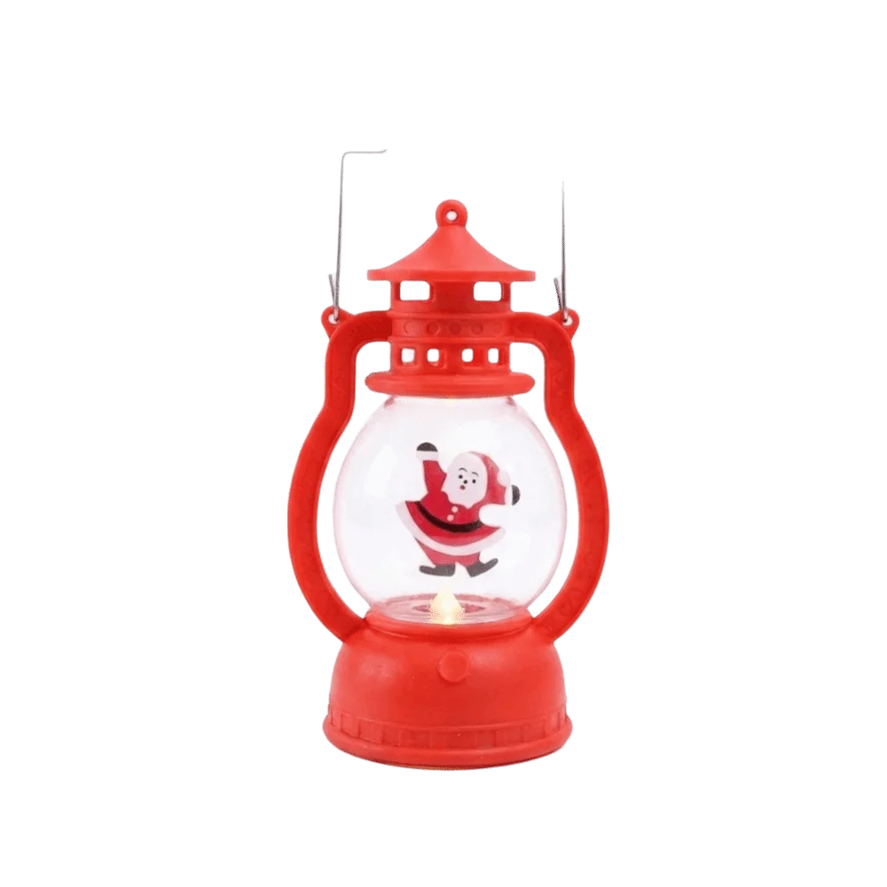 Lanterna Decorativa de Natal Vermelha Estilo Lamparina, com a Figura do Papai Noel no Interior e Iluminação LED