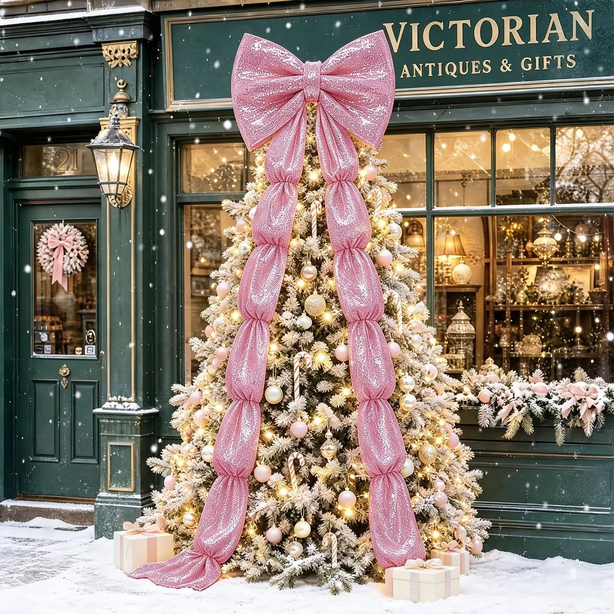 Laço Decorativo Shopping Gigante de Cor Rosa com Fitas Longas Penduradas no Topo de uma Árvore de Natal