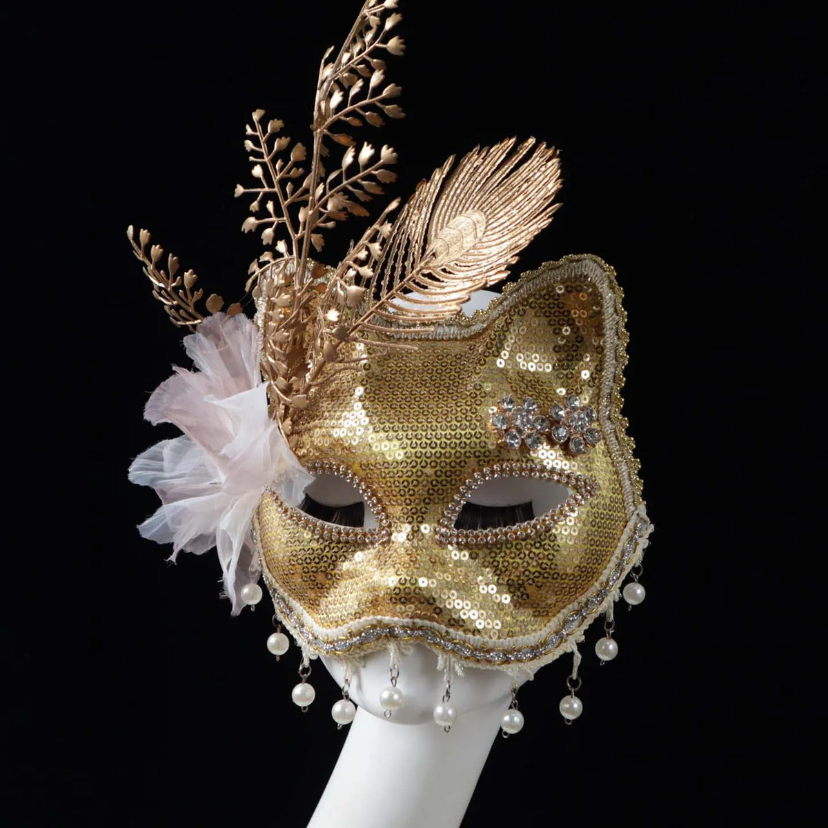 Baile de Máscaras em Formato de Gato/Raposa (Estilo Cat Mask ou Fox Cat Masquerade) Dourada e Lantejoulas