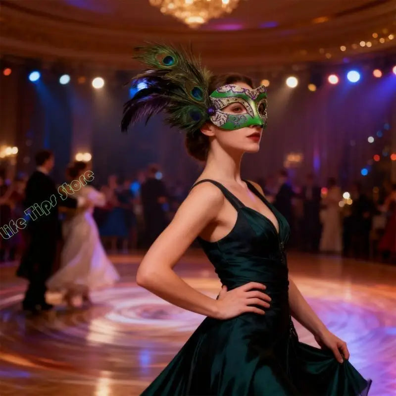 Máscara de Baile de Carnaval Estilo Veneziano Carnaval Enfeitada com Glitter nas Cores Verde, Dourado e Roxo