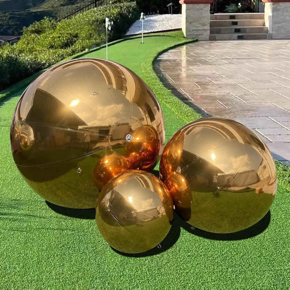 Bola espelhada inflável dourada, bolas brilhantes grandes esferas refletivas reutilizáveis