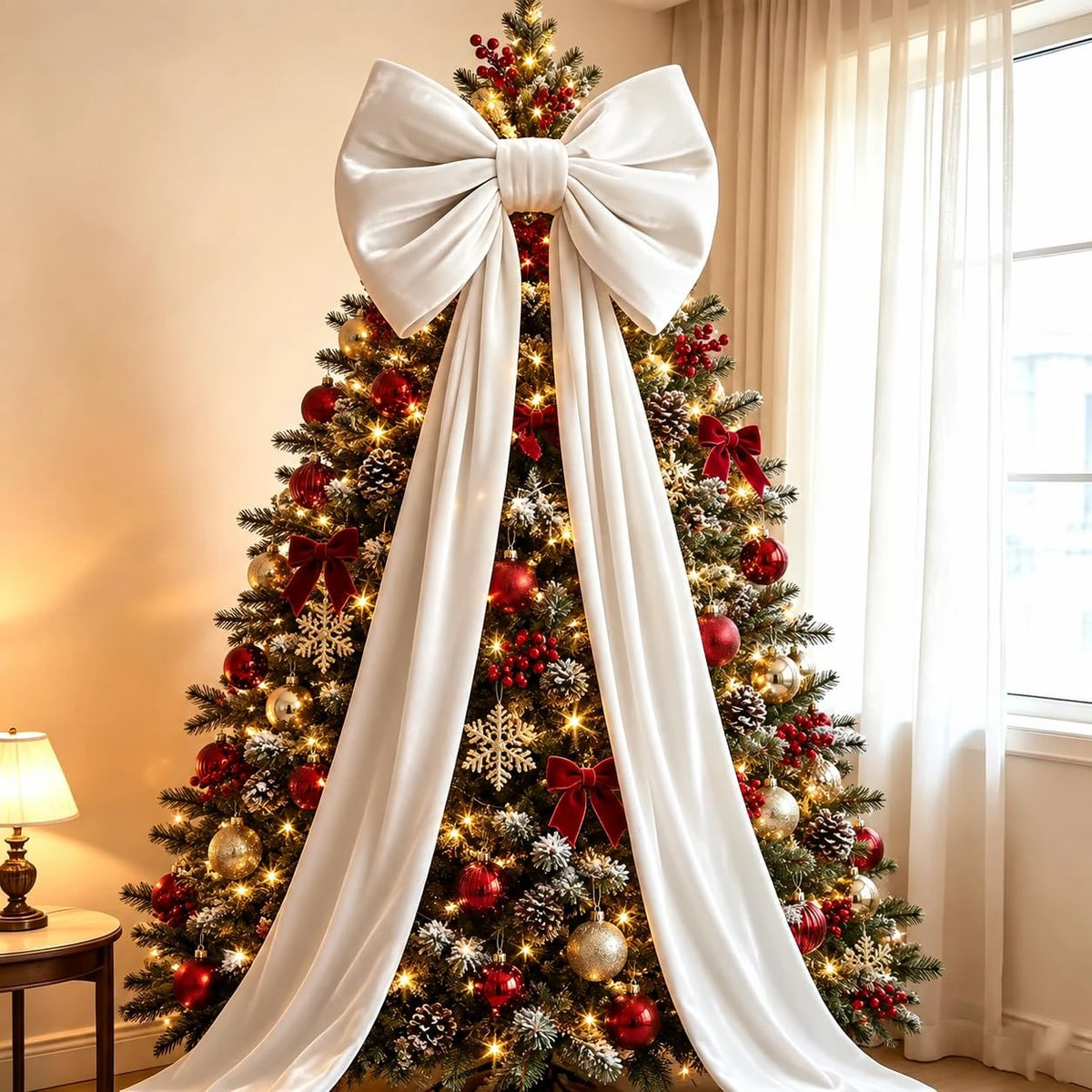 Laço Vermelho Gigante para Shopping, Laço de Natal Gigante de Veludo para Topo de Árvore Rosa e Branco