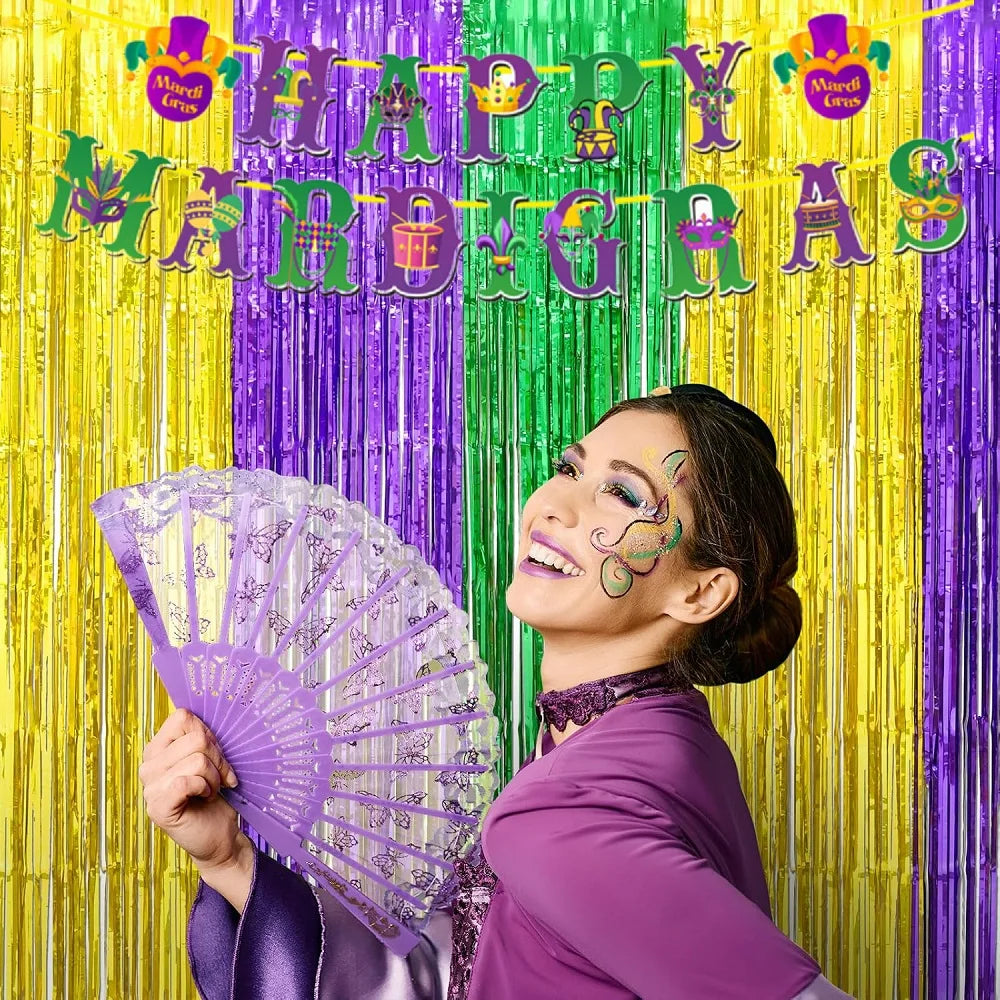 Cortinas Metalizadas Franjas Conjunto Inclui Cortinas nas Cores Roxo, Dourado e Verde Tradicionais Carnaval