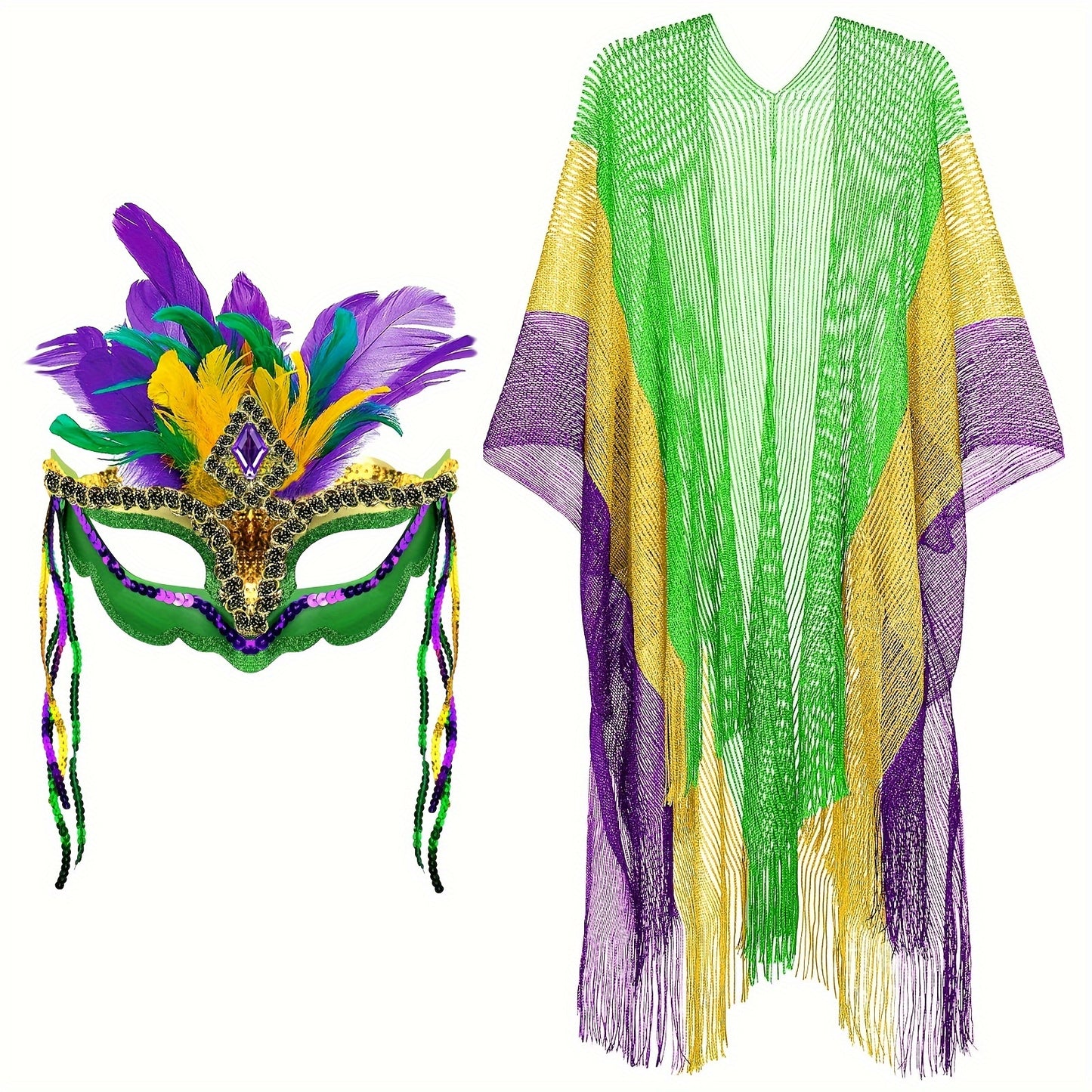 Máscara de Mardi Gras com Poncho de Mardi Gras Xale Máscara