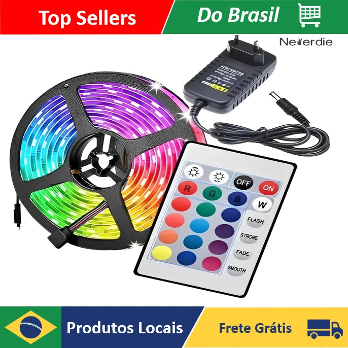 Fita Led 5050 RGB Colorida 5 M 12v IP65 + Controle E Fonte Tira LED RGB Luzes Led 5050