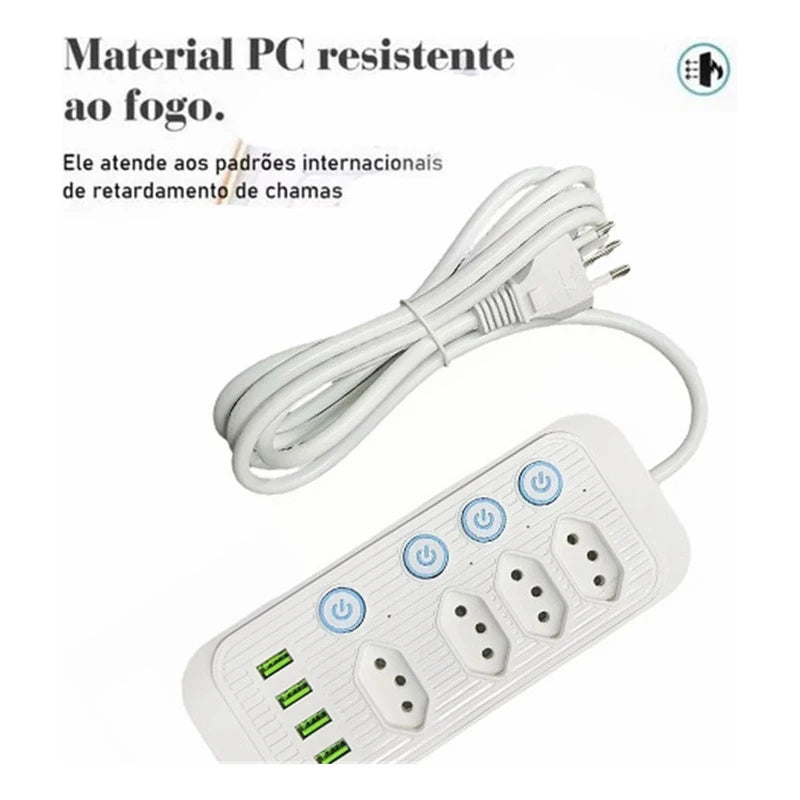 Filtro de Linha Extensão Tomada Régua, 5 Tomadas, 2 Porta USB, 1 Porta USB Tipo-C